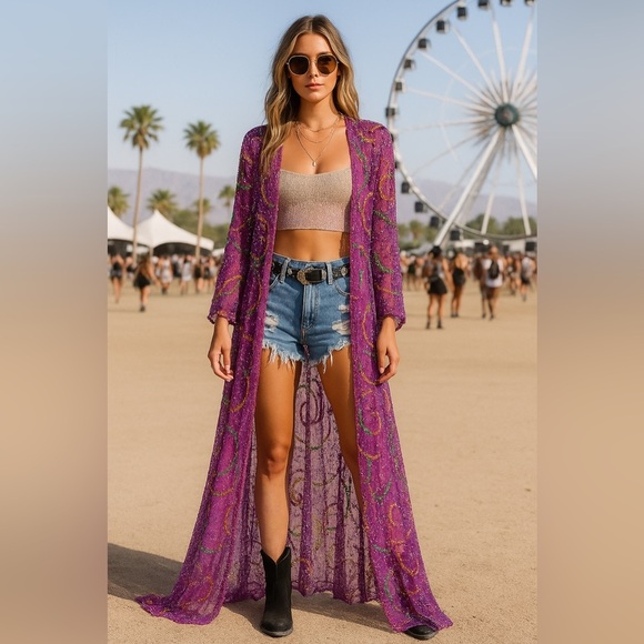 VINTAGE Hand Beaded Sequin Duster Coat Purple Sheer Maxi Evening Glam S/M - Picture 1 of 13